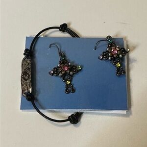 2 LOT -Vtg. Brass Cross w/Gemstones Earrings & Adjustable Leather knot Bracelet